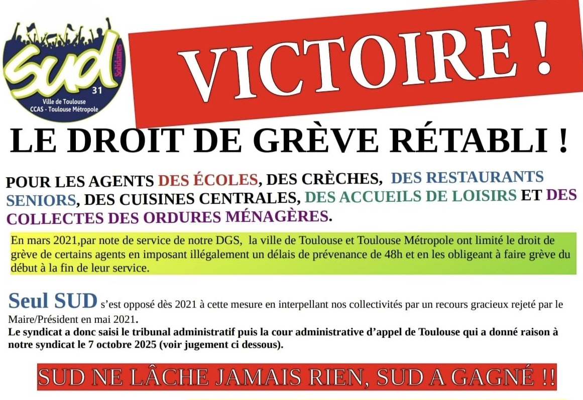 SUD Collectivités Territoriales de la Haute-Garonne : Victoire de SUDCT31 contre la mairie de Toulouse