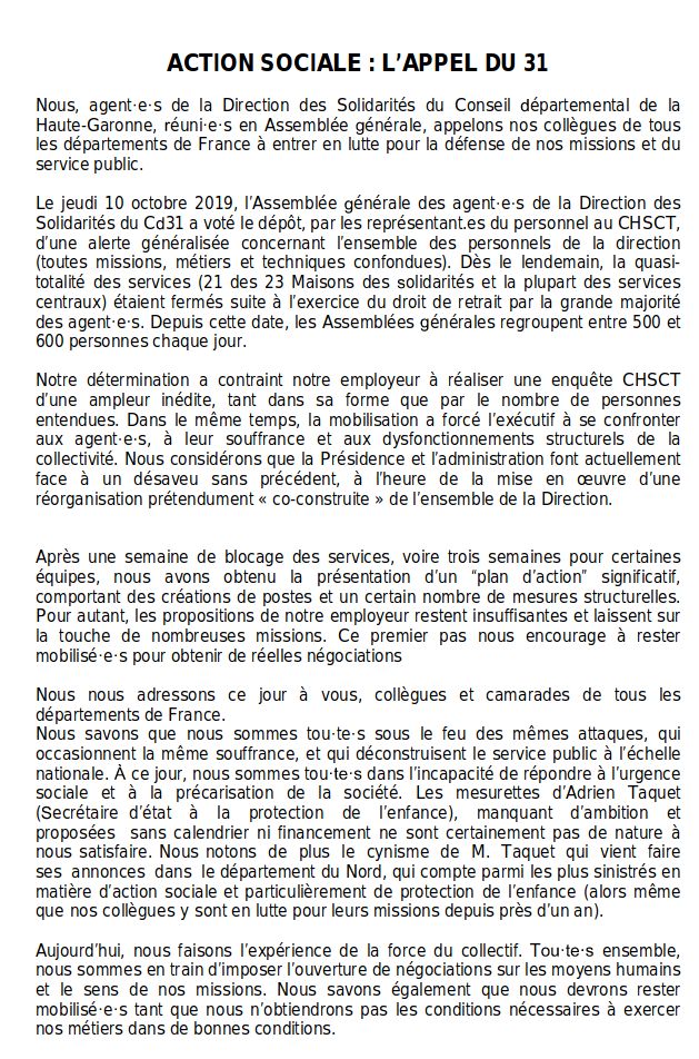 SUD Collectivités Territoriales de la Haute-Garonne : Action sociale : l'appel du 31